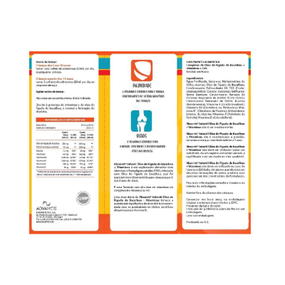 Rótulo de suplemento alimentar Absorvit Infantil com informações de uso, ingredientes e fabricante