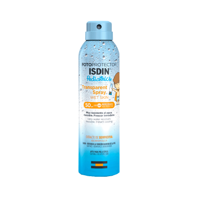 Frasco azul de spray protetor solar ISDIN Pediatrics com texto e ilustração de criança