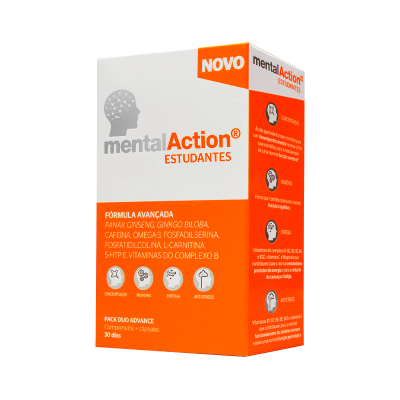 Embalagem de suplemento mentalAction ESTUDANTES em branco e laranja