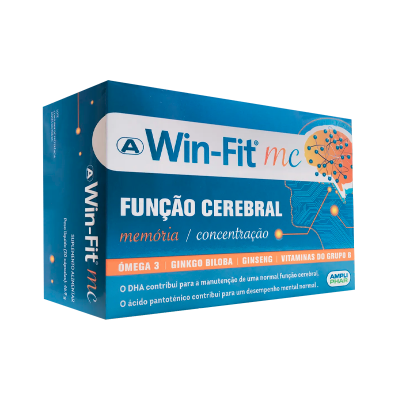 Caixa de suplemento alimentar Win-Fit mc para função cerebral em azul e laranja