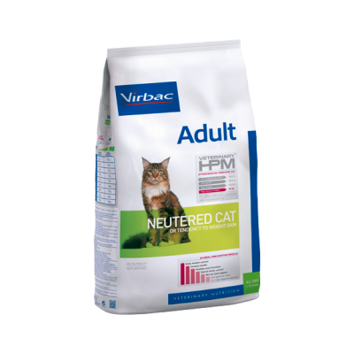 Saco de ração Virbac Adult para gatos esterilizados com imagem de gato e texto nutricional