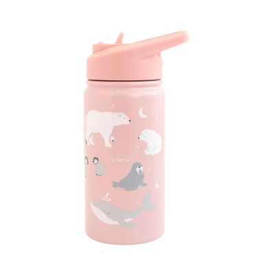 Garrafa de água rosa com desenhos de animais polares e tampa com bico.