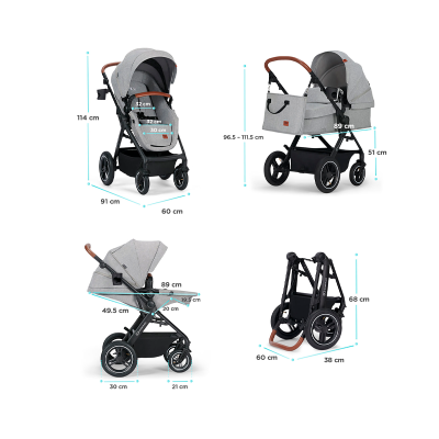 Carrinho de bebé cinzento com estrutura preta e detalhes castanho claro, várias medidas indicadas.
