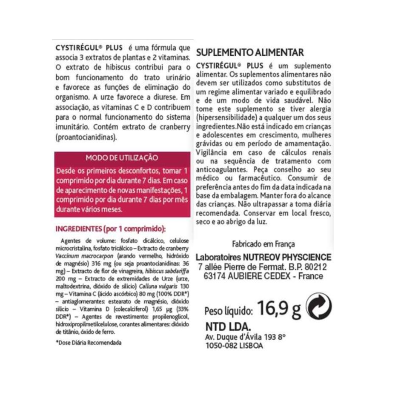 Etiqueta de suplemento alimentar CYSTIRÉGUL® PLUS com texto de ingredientes e modo de utilização