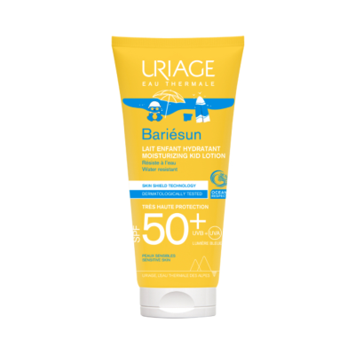 Loção hidratante para crianças SPF 50+ da URIAGE em embalagem amarela com tampa branca