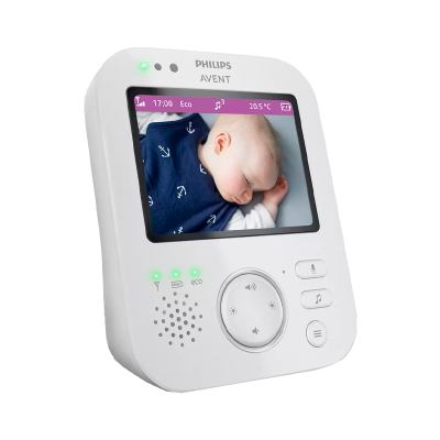 Monitor Philips Avent branco a mostrar bebé a dormir e botões de controlo