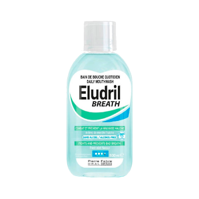Colutório Eludril Breath 500 ml, líquido azul, rótulo branco e verde