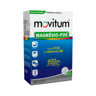 Suplemento Movitum Magnésio-FOS em embalagem com texto e cores verde azul branco cinza
