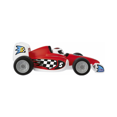 Carrinho de corrida de brinquedo vermelho com números 5 e padrão de xadrez