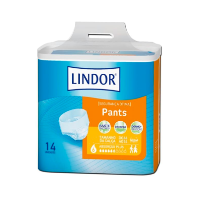 Pacote Lindor Pants azul e laranja com 14 unidades e imagem de fralda branca