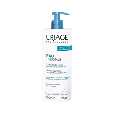 Frasco de loção corporal Uriage Eau Thermale 500 ml com doseador azul