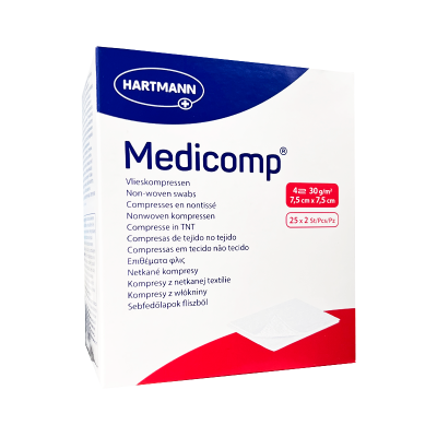 Caixa de compressas Medicomp Hartmann com texto multilingue