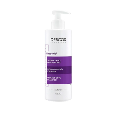 Frasco branco de shampoo Dercos Technique Neogenic com doseador e detalhes roxos