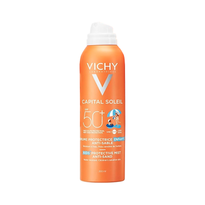Spray protetor solar Vichy Capital Soleil FPS 50 para crianças em embalagem laranja