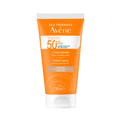 Embalagem de creme facial Avène SPF 50+ laranja e branco