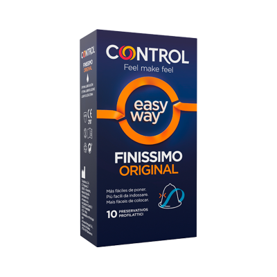 Caixa de preservativos Control Easy Way Finissimo Original azul escuro com texto branco e laranja