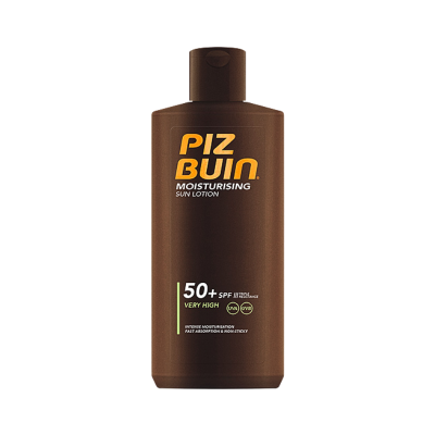 Frasco castanho de Piz Buin com texto branco e amarelo