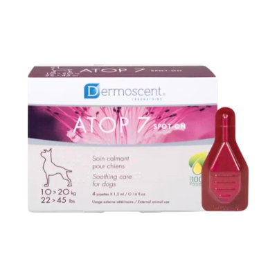 Embalagem branca e rosa Dermoscent ATOP 7 SPOT-ON para cuidados de cães com pipeta vermelha ao lado
