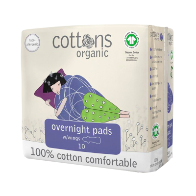 Embalagem de pensos higiénicos nocturnos Cottons organic com ilustração de mulher a dormir