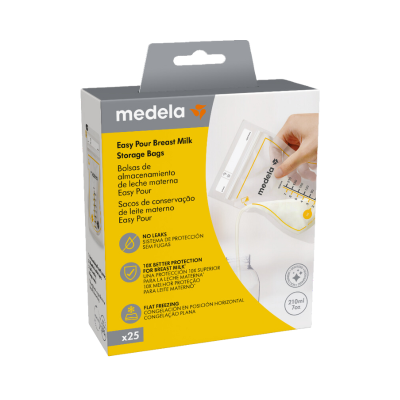 Embalagem de sacos para armazenamento de leite materno Medela Easy Pour amarela e branca