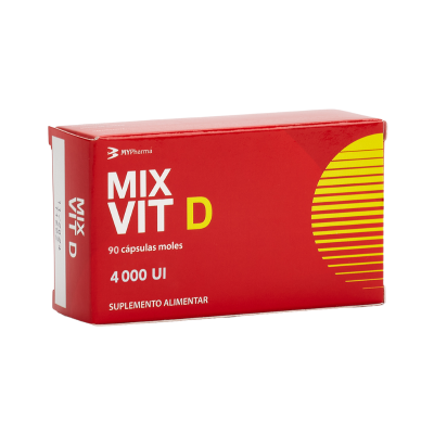 Caixa vermelha de suplemento alimentar MIX VIT D com texto e design amarelo e branco