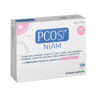 Embalagem de cápsulas vegetais PCOS NIAM com descrição dos ingredientes e benefícios em português e espanhol