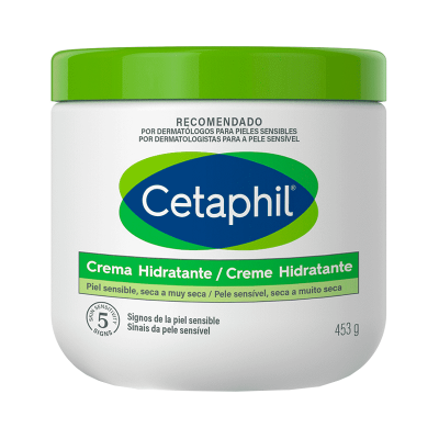 Frasco branco com tampa verde da creme hidratante Cetaphil para pele sensível e seca