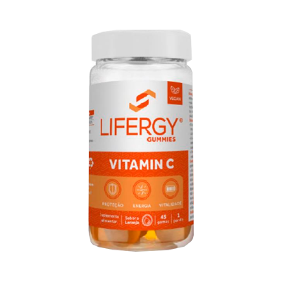 Frasco de suplemento alimentar LIFERGY Vitamin C em frasco transparente com tampa branca e rótulo branco e laranja