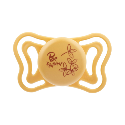 Chupeta amarela com texto Be natural e desenho de folhas