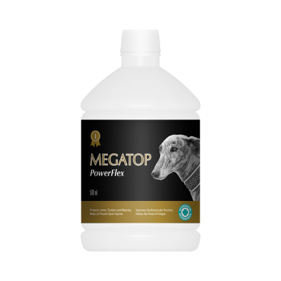 Frasco branco com etiqueta preta e dourada com imagem de cão e texto MEGATOP PowerFlex