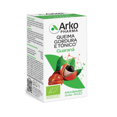 Caixa de suplemento alimentar Arko Pharma Queima Gordura e Tónico Guaraná com imagem de fruto guaraná