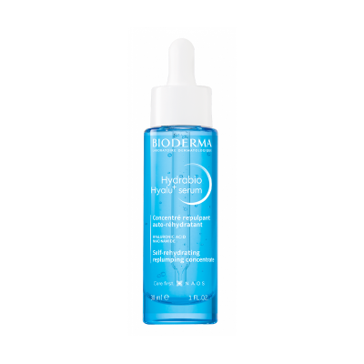 Frasco azul de serum Bioderma Hydrabio Hyalu+ com tampa branca