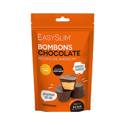 Embalagem laranja de bombons de chocolate com recheio de amendoim da marca EASY SLIM