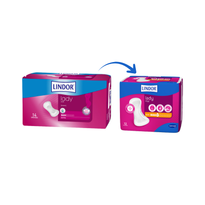 Pacotes rosa e azul de pensos higiénicos Lindor Lady Pad