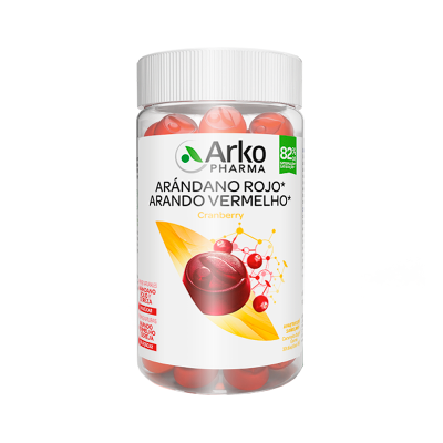 Frasco transparente com cápsulas vermelhas e etiqueta branca Arko Pharma Cranberry