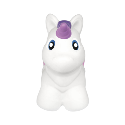 Figura de unicórnio branco com chifre roxo e olhos azuis