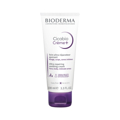 Creme em tubo branco com tampa roxa da marca BIODERMA Cicabio Crème+