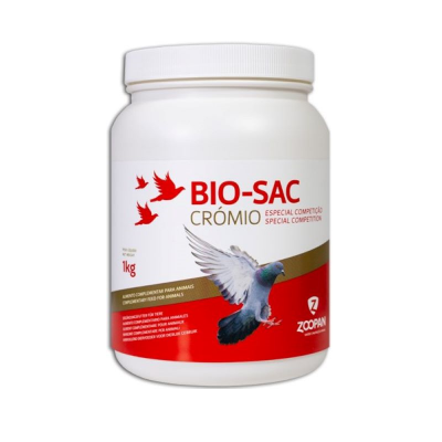 Frasco branco com suplemento BIO-SAC CRÓMIO para pombos, rótulo vermelho e branco
