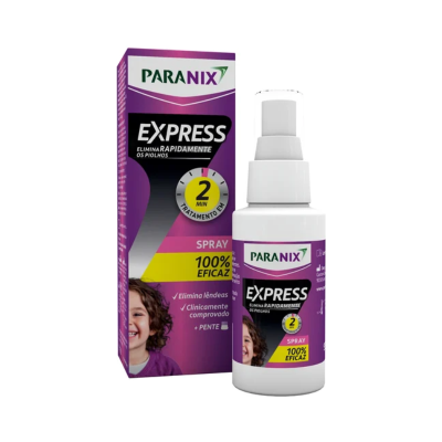 Spray Paranix Express para piolhos com embalagem roxa e detalhes em amarelo e preto