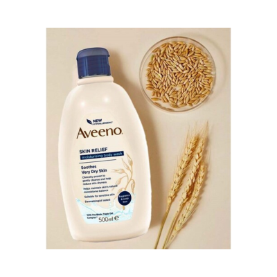 Frasco gel de banho Aveeno Skin Relief 500ml com aveia ao lado