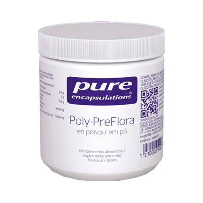 Frasco branco de suplemento Poly-PreFlora da Pure Encapsulations com texto em português e espanhol