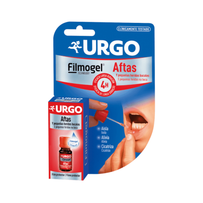 Embalagem URGO Filmogel Aftas para aftas e feridas bucais com frasco e conta-gotas