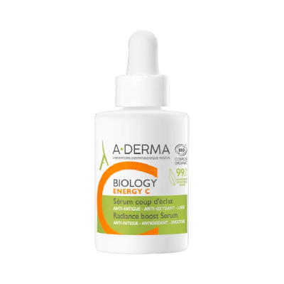 Frasco de sérum facial A-DERMA BIOLOGY ENERGY C branco com conta-gotas e rótulo colorido