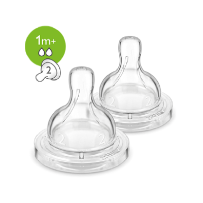 Duas tetinas transparentes para biberão com indicação 1m+ e número 2