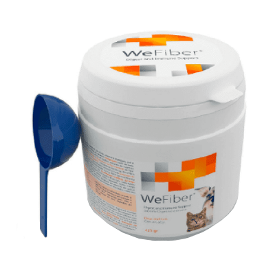 Recipiente branco de suplemento WeFiber para cães e gatos com colher azul