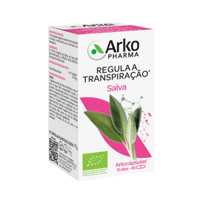 Embalagem de suplemento Arkocápsulas Salva Arko Pharma reguladora da transpiração com folhas de salva e selo biológico