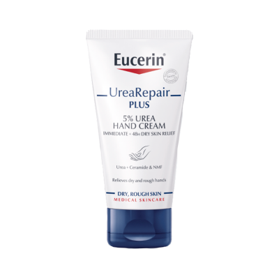 Creme para as mãos Eucerin UreaRepair PLUS com 5% de ureia, embalagem branca e tampa azul.