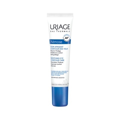 Creme Uriage Xémose para contorno dos olhos em tubo branco e azul