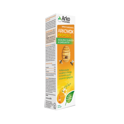 Embalagem do spray de garganta ARKOVOX PRÓPOLIS com imagens de favo de mel e abelhas e texto explicativo