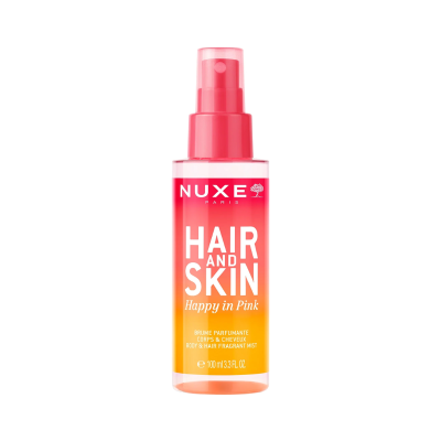 Frasco spray NUXE Hair and Skin Happy in Pink com rótulo laranja e rosa